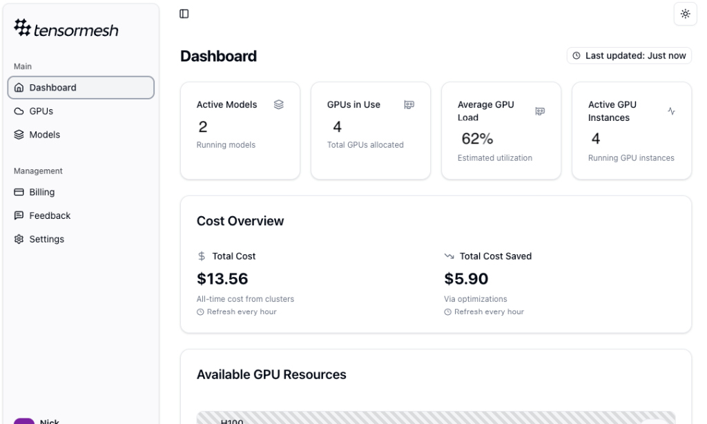 Screenshot of the TensorMesh dashboard showing active models, GPUs in use, average GPU load, and cost overview.