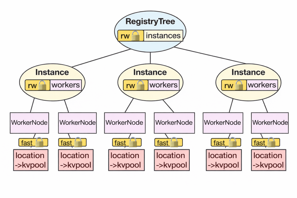 A diagram illustrating a Registry Tree structure with three instances labeled 'rw workers'. Each instance consists of WorkerNodes, which are connected to fast locations leading to kvpools.